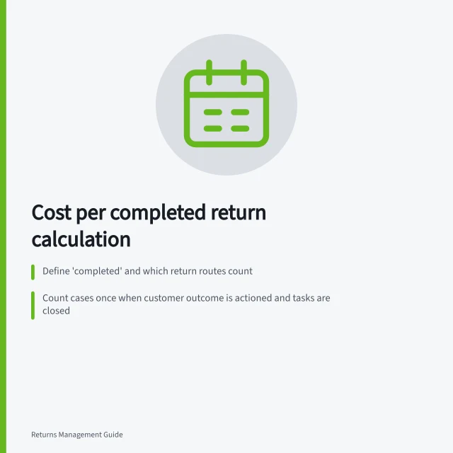 Cost per completed return calculation: Define 'completed' and which return routes count; Count cases once when customer outcome is actioned and tasks are closed; Calculate A$400 total handling cost ÷ 20 completed cases = A$20 per case. Calculating cost per completed return
