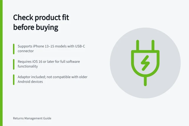 Check product fit before buying: Supports iPhone 13–15 models with USB-C connector; Requires iOS 16 or later for full software functionality; Adaptor included; not compatible with older Android devices. Clarifying product compatibility before purchase