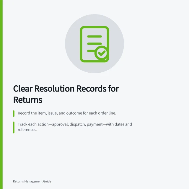 Clear Resolution Records for Returns: Record the item, issue, and outcome for each order line.; Track each action—approval, dispatch, payment—with dates and references.; Confirm all commitments, including refunds, replacements, and follow-up steps. Closing a return case with a clear resolution record