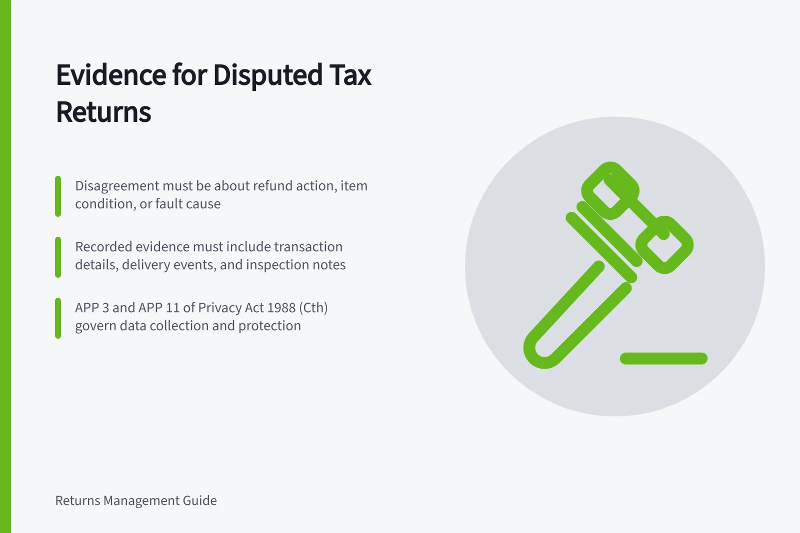 Evidence for Disputed Tax Returns: Disagreement must be about refund action, item condition, or fault cause; Recorded evidence must include transaction details, delivery events, and inspection notes; APP 3 and APP 11 of Privacy Act 1988 (Cth) govern data collection and protection