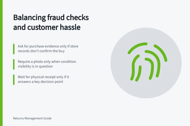 Balancing fraud checks and customer hassle: Ask for purchase evidence only if store records don’t confirm the buy; Require a photo only when condition visibility is in question; Wait for physical receipt only if it answers a key decision point. Comparing fraud controls with legitimate customer inconvenience