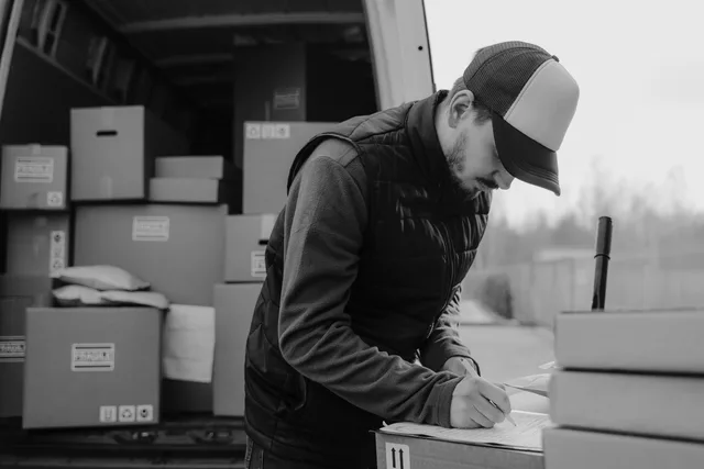 Black-and-white image of a courier documenting package details by a delivery van. Comparing local return hubs with direct overseas shipping