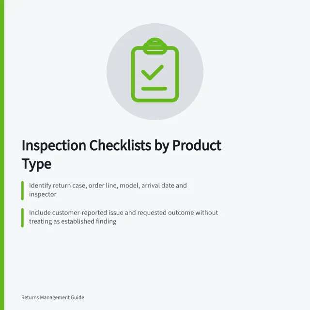 Inspection Checklists by Product Type: Identify return case, order line, model, arrival date and inspector; Include customer-reported issue and requested outcome without treating as established finding; Specify stopping points for safety risks and refer to product safety owner. Creating an inspection checklist by product type