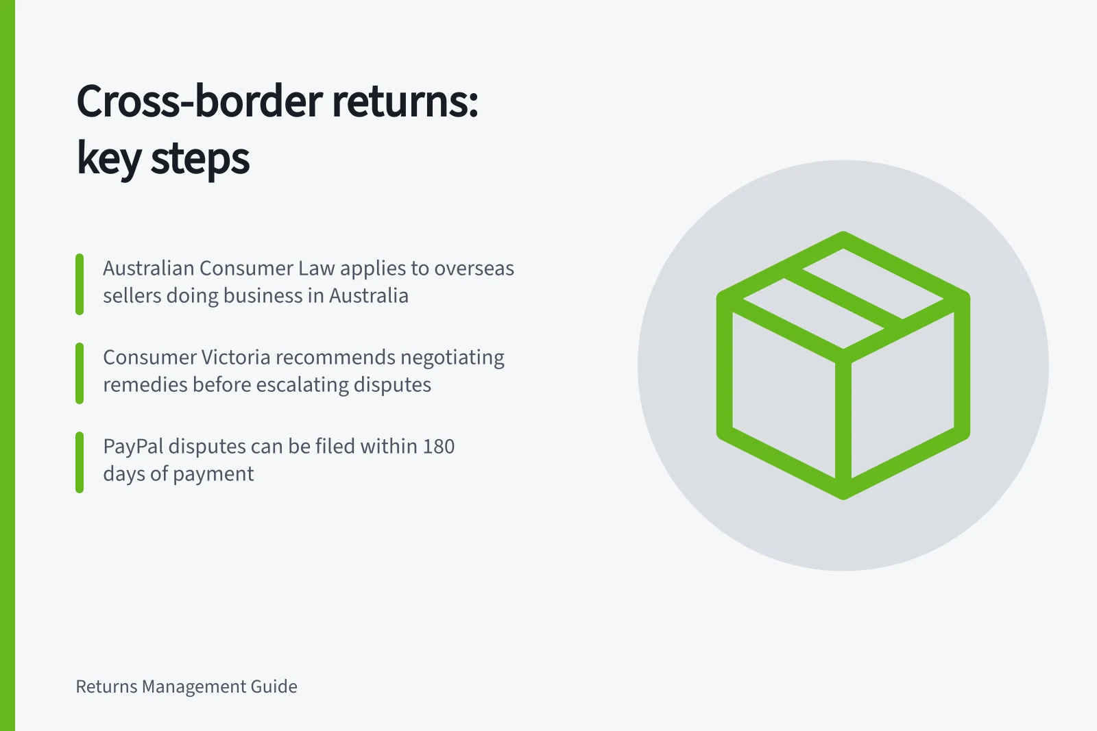 Cross-border returns: key steps: Australian Consumer Law applies to overseas sellers doing business in Australia; Consumer Victoria recommends negotiating remedies before escalating disputes; PayPal disputes can be filed within 180 days of payment