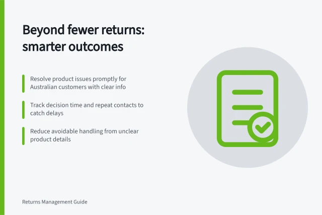 Beyond fewer returns: smarter outcomes: Resolve product issues promptly for Australian customers with clear info; Track decision time and repeat contacts to catch delays; Reduce avoidable handling from unclear product details. Defining a returns objective beyond reducing volume