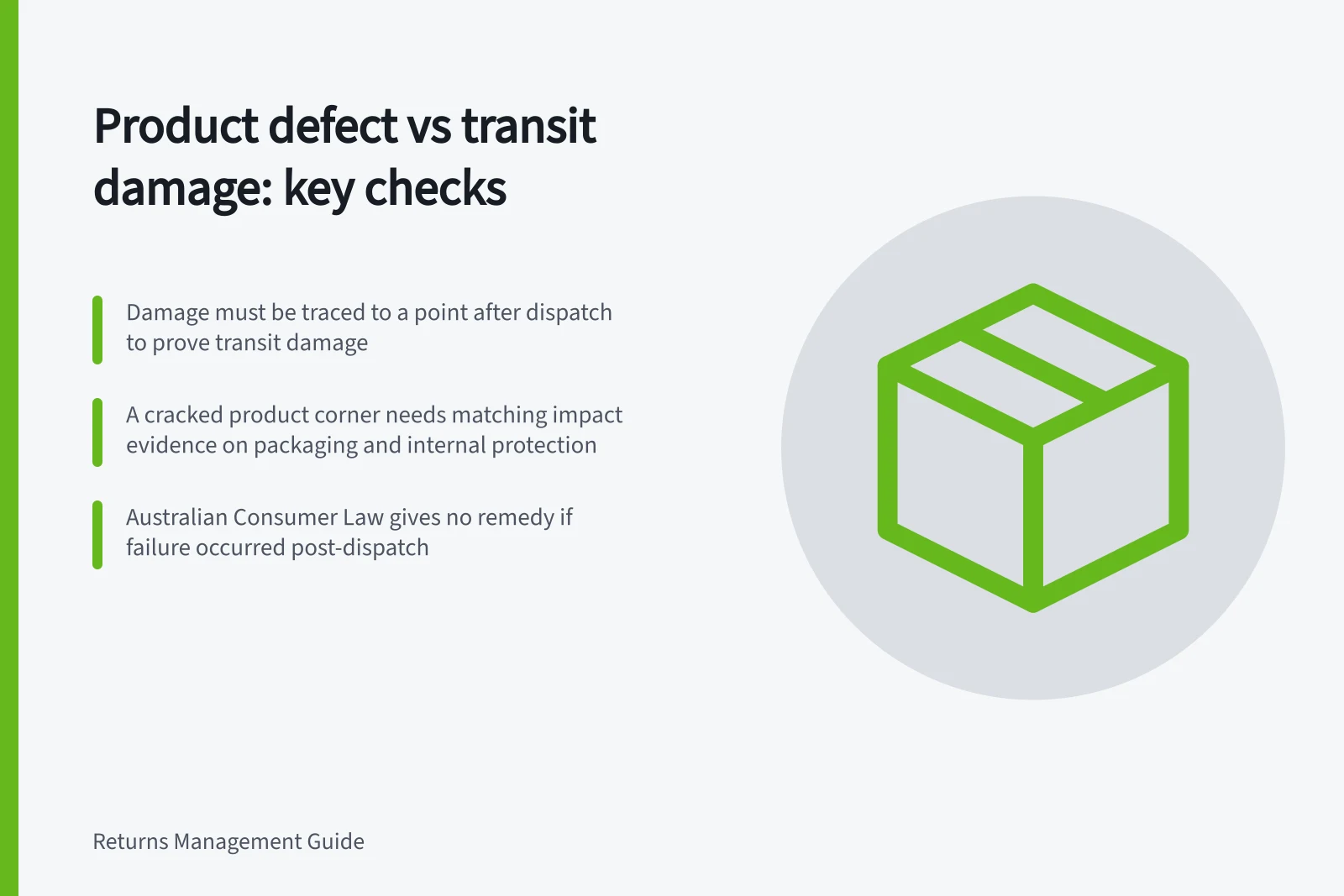 Product defect vs transit damage: key checks: Damage must be traced to a point after dispatch to prove transit damage; A cracked product corner needs matching impact evidence on packaging and internal protection; Australian Consumer Law gives no remedy if failure occurred post-dispatch