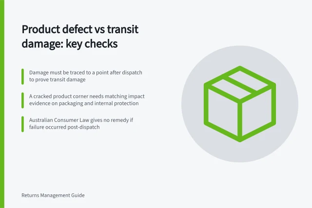 Product defect vs transit damage: key checks: Damage must be traced to a point after dispatch to prove transit damage; A cracked product corner needs matching impact evidence on packaging and internal protection; Australian Consumer Law gives no remedy if failure occurred post-dispatch. Distinguishing a product defect from transit damage