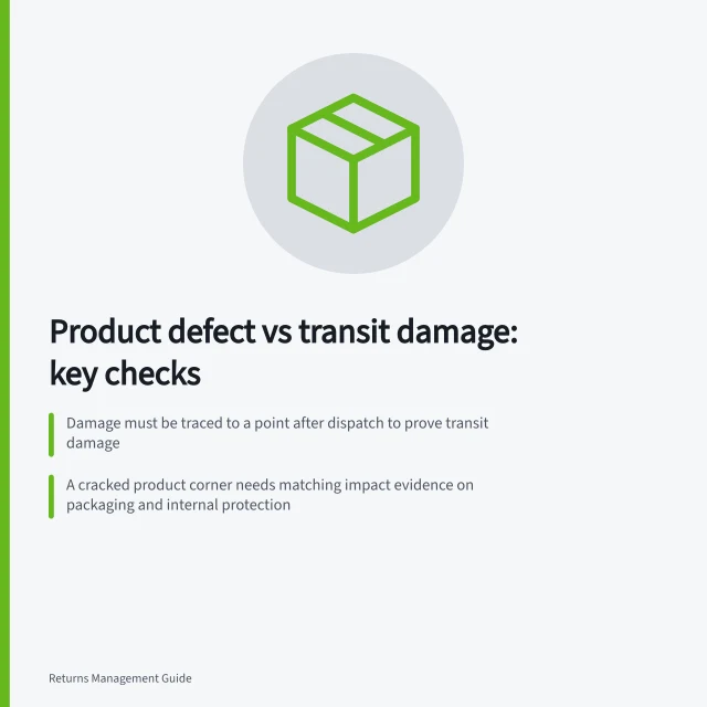 Product defect vs transit damage: key checks: Damage must be traced to a point after dispatch to prove transit damage; A cracked product corner needs matching impact evidence on packaging and internal protection; Australian Consumer Law gives no remedy if failure occurred post-dispatch. Distinguishing a product defect from transit damage