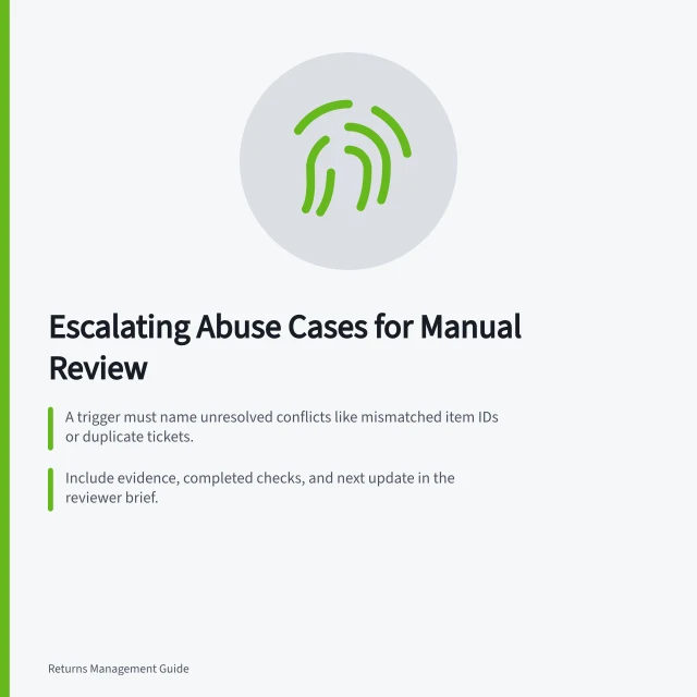 Escalating Abuse Cases for Manual Review: A trigger must name unresolved conflicts like mismatched item IDs or duplicate tickets.; Include evidence, completed checks, and next update in the reviewer brief.; Avoid accusing customers—update them without implying fraud or misconduct. Escalating a suspected abuse case for manual review