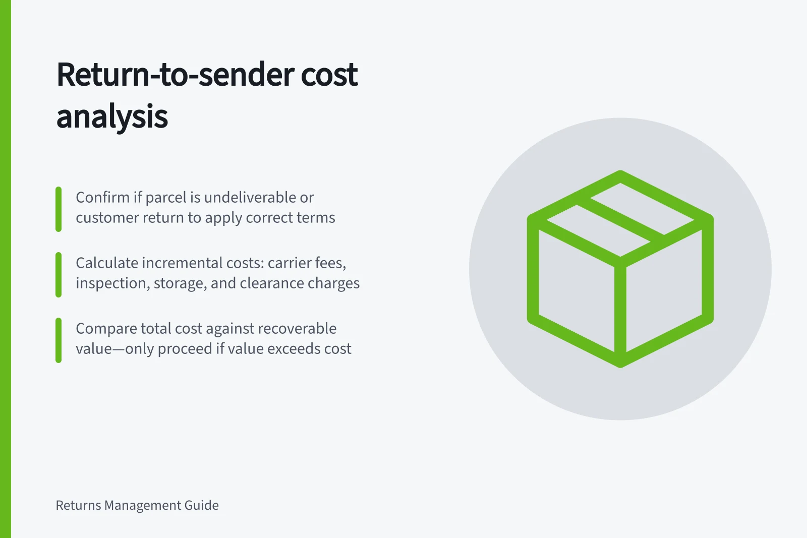 Return-to-sender cost analysis: Confirm if parcel is undeliverable or customer return to apply correct terms; Calculate incremental costs: carrier fees, inspection, storage, and clearance charges; Compare total cost against recoverable value—only proceed if value exceeds cost
