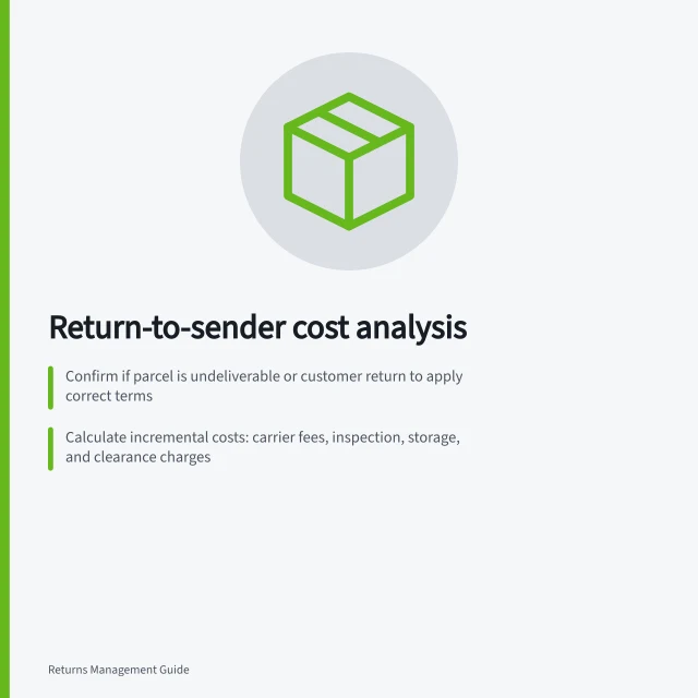 Return-to-sender cost analysis: Confirm if parcel is undeliverable or customer return to apply correct terms; Calculate incremental costs: carrier fees, inspection, storage, and clearance charges; Compare total cost against recoverable value—only proceed if value exceeds cost. Estimating whether a return-to-sender route is economical