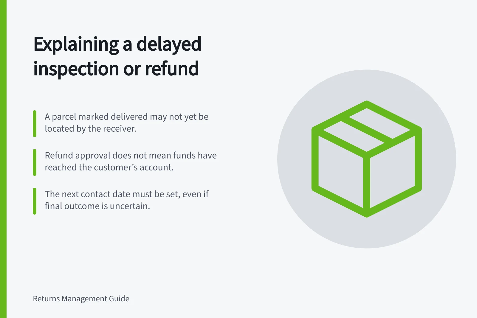 Explaining a delayed inspection or refund: A parcel marked delivered may not yet be located by the receiver.; Refund approval does not mean funds have reached the customer’s account.; The next contact date must be set, even if final outcome is uncertain.