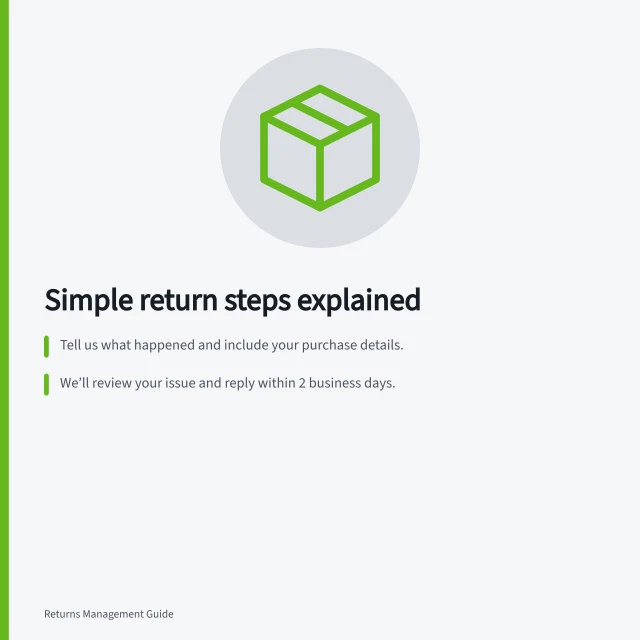 Simple return steps explained: Tell us what happened and include your purchase details.; We’ll review your issue and reply within 2 business days.; If approved, we’ll send a return label and refund instructions. Explaining return steps in plain language