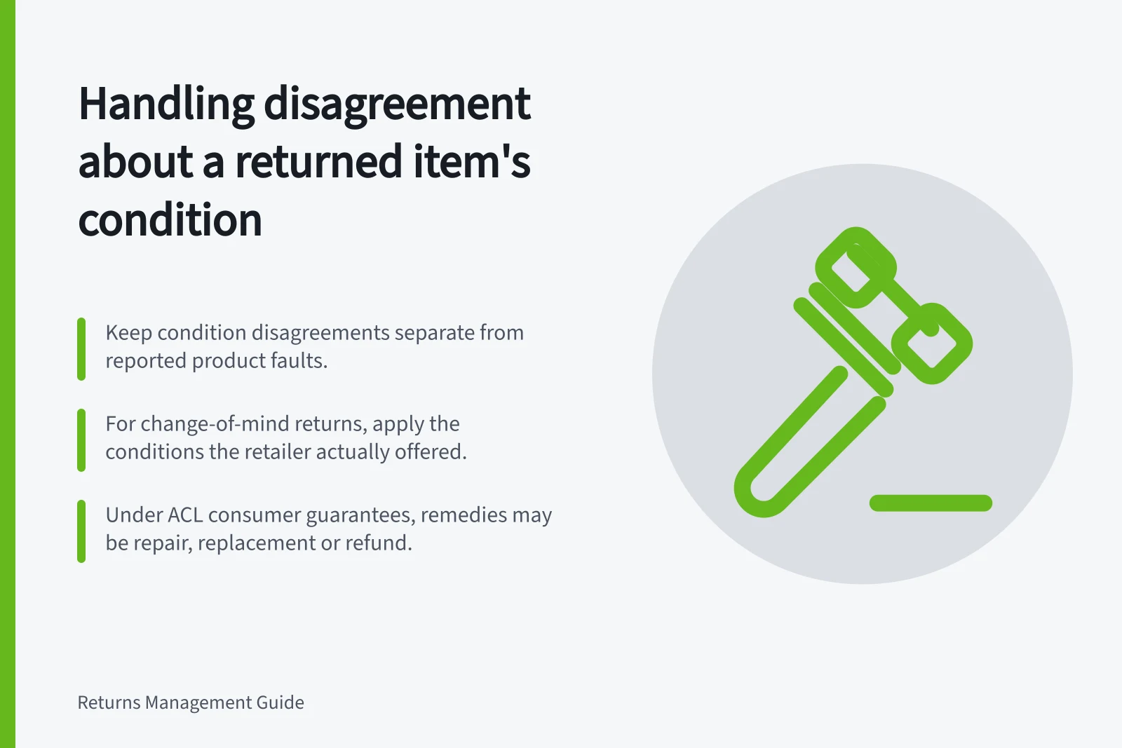 Handling disagreement about a returned item's condition: Keep condition disagreements separate from reported product faults.; For change-of-mind returns, apply the conditions the retailer actually offered.; Under ACL consumer guarantees, remedies may be repair, replacement or refund.