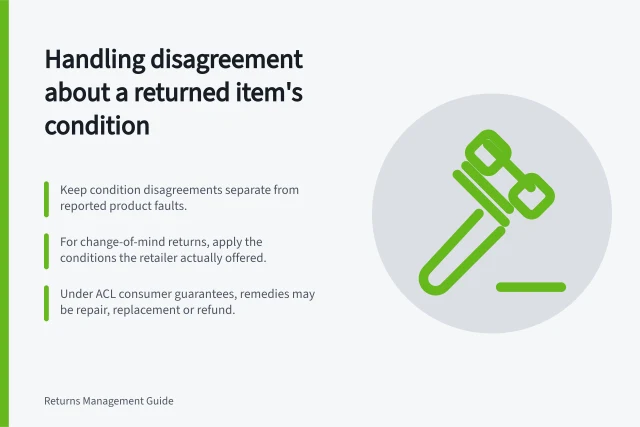 Handling disagreement about a returned item's condition: Keep condition disagreements separate from reported product faults.; For change-of-mind returns, apply the conditions the retailer actually offered.; Under ACL consumer guarantees, remedies may be repair, replacement or refund. Handling disagreement about a returned item's condition