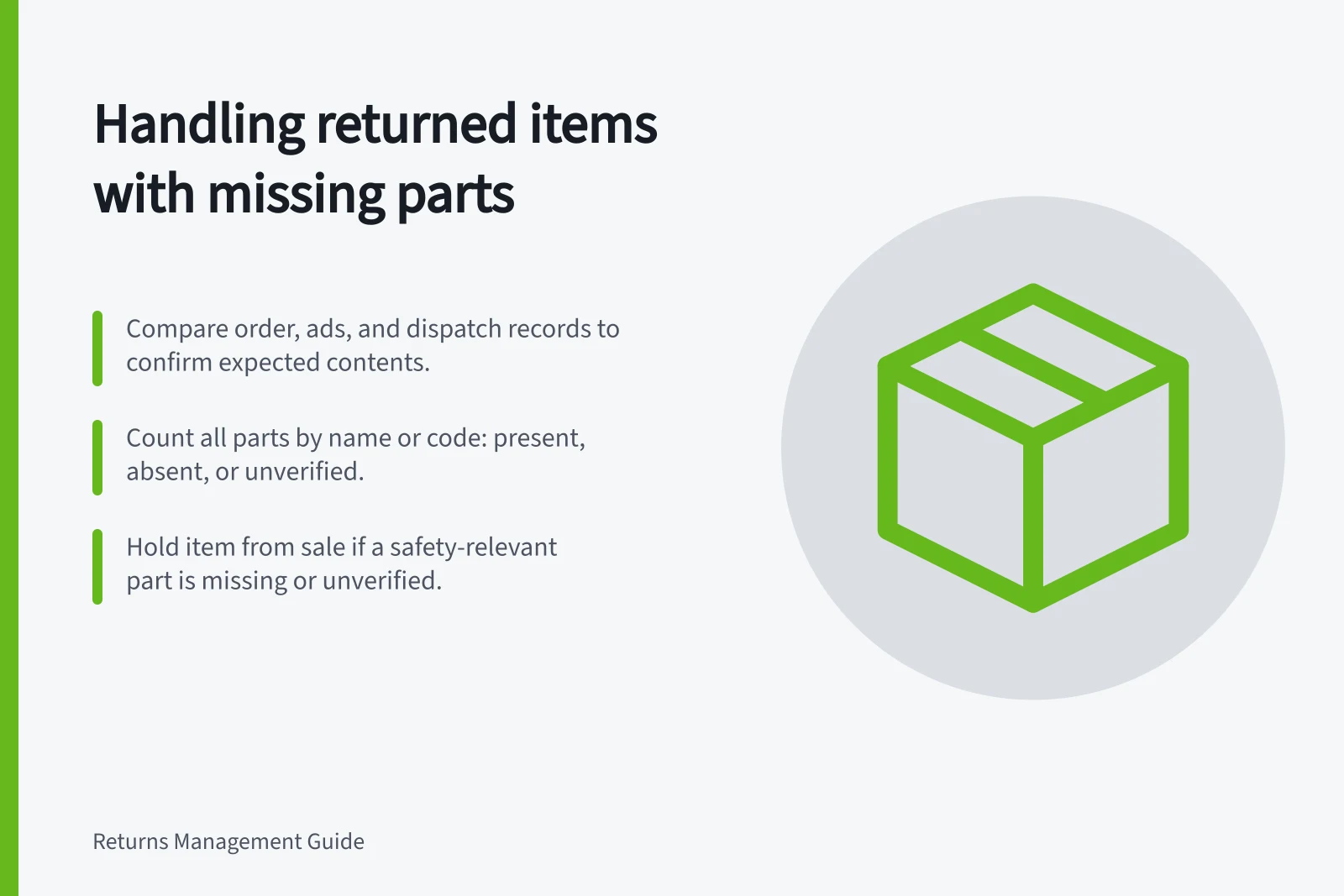 Handling returned items with missing parts: Compare order, ads, and dispatch records to confirm expected contents.; Count all parts by name or code: present, absent, or unverified.; Hold item from sale if a safety-relevant part is missing or unverified.