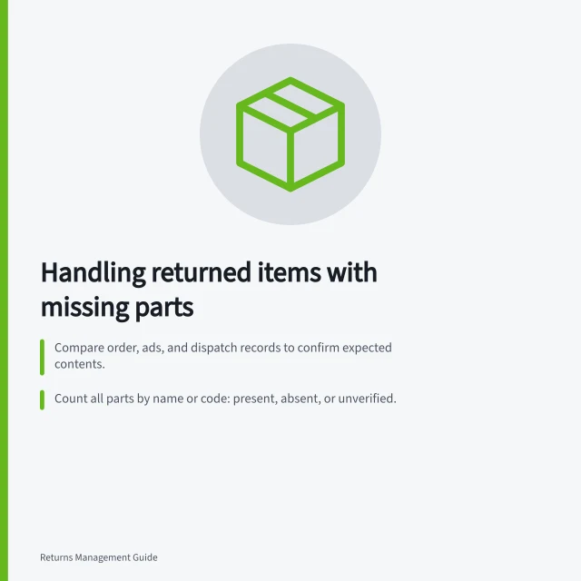 Handling returned items with missing parts: Compare order, ads, and dispatch records to confirm expected contents.; Count all parts by name or code: present, absent, or unverified.; Hold item from sale if a safety-relevant part is missing or unverified. Handling returned items with missing parts