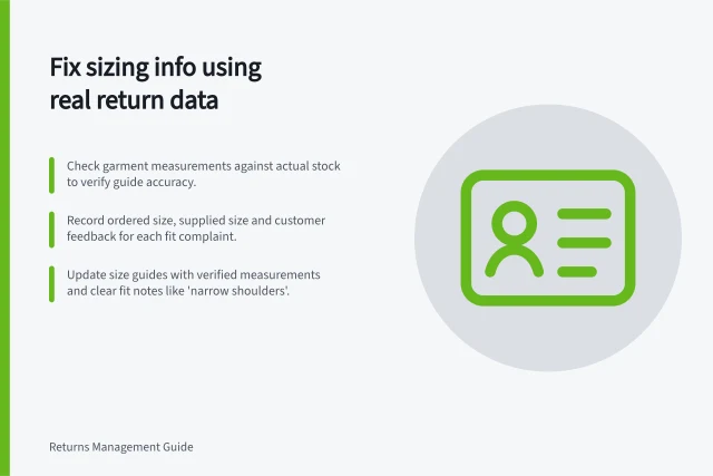 Fix sizing info using real return data: Check garment measurements against actual stock to verify guide accuracy.; Record ordered size, supplied size and customer feedback for each fit complaint.; Update size guides with verified measurements and clear fit notes like 'narrow shoulders'. Improving sizing information from actual return feedback