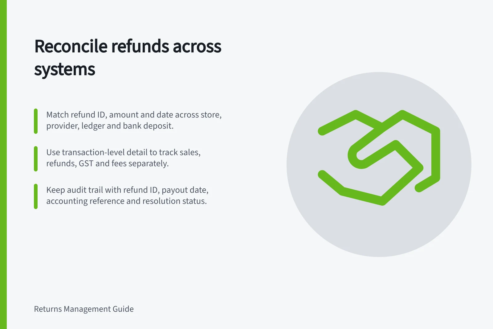Reconcile refunds across systems: Match refund ID, amount and date across store, provider, ledger and bank deposit.; Use transaction-level detail to track sales, refunds, GST and fees separately.; Keep audit trail with refund ID, payout date, accounting reference and resolution status.