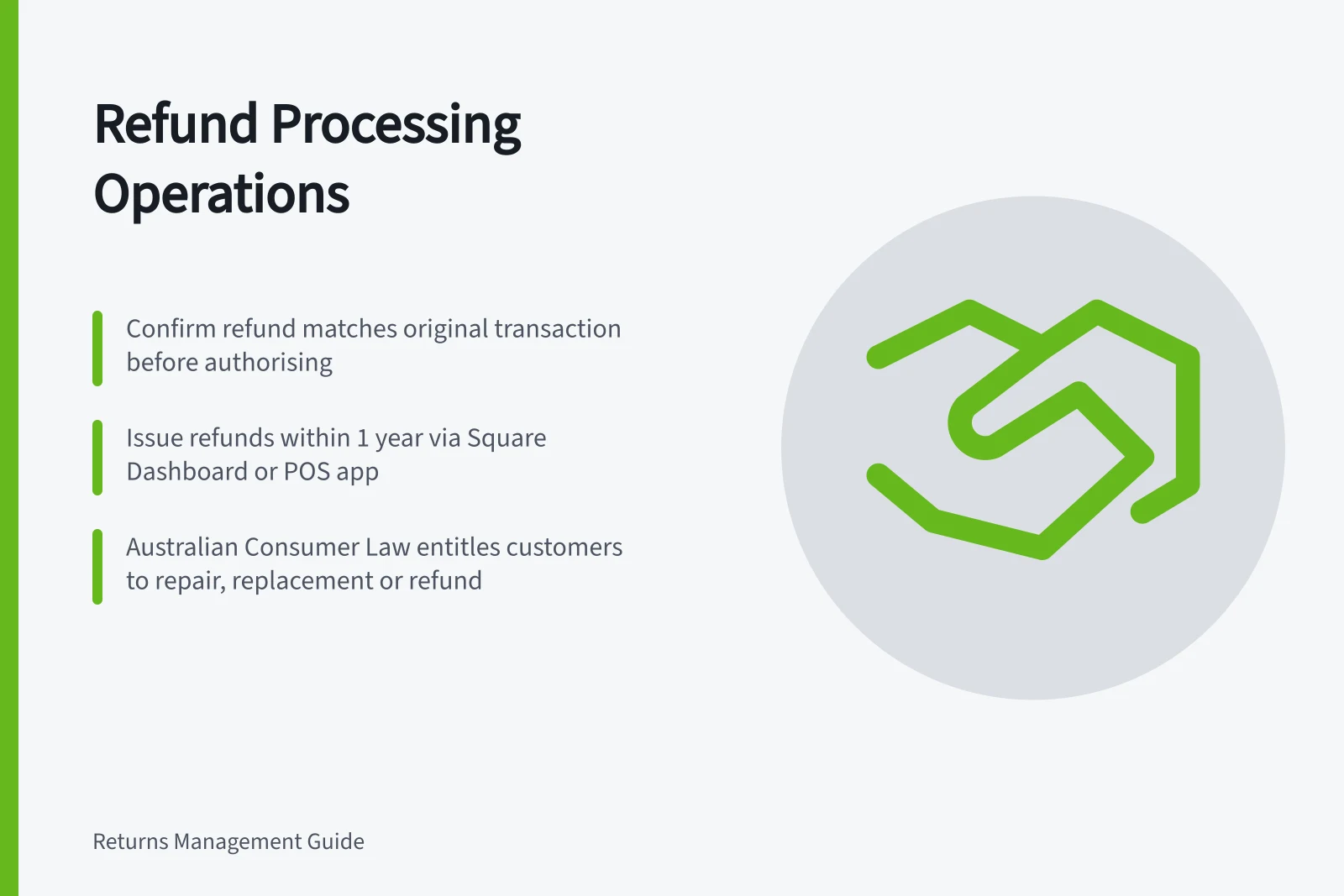 Refund Processing Operations: Confirm refund matches original transaction before authorising; Issue refunds within 1 year via Square Dashboard or POS app; Australian Consumer Law entitles customers to repair, replacement or refund