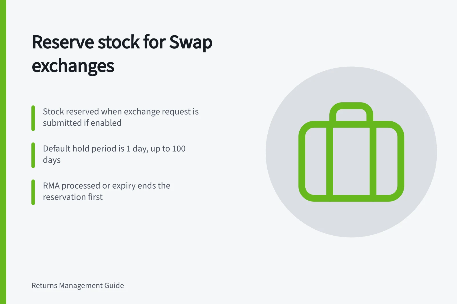 Reserve stock for Swap exchanges: Stock reserved when exchange request is submitted if enabled; Default hold period is 1 day, up to 100 days; RMA processed or expiry ends the reservation first