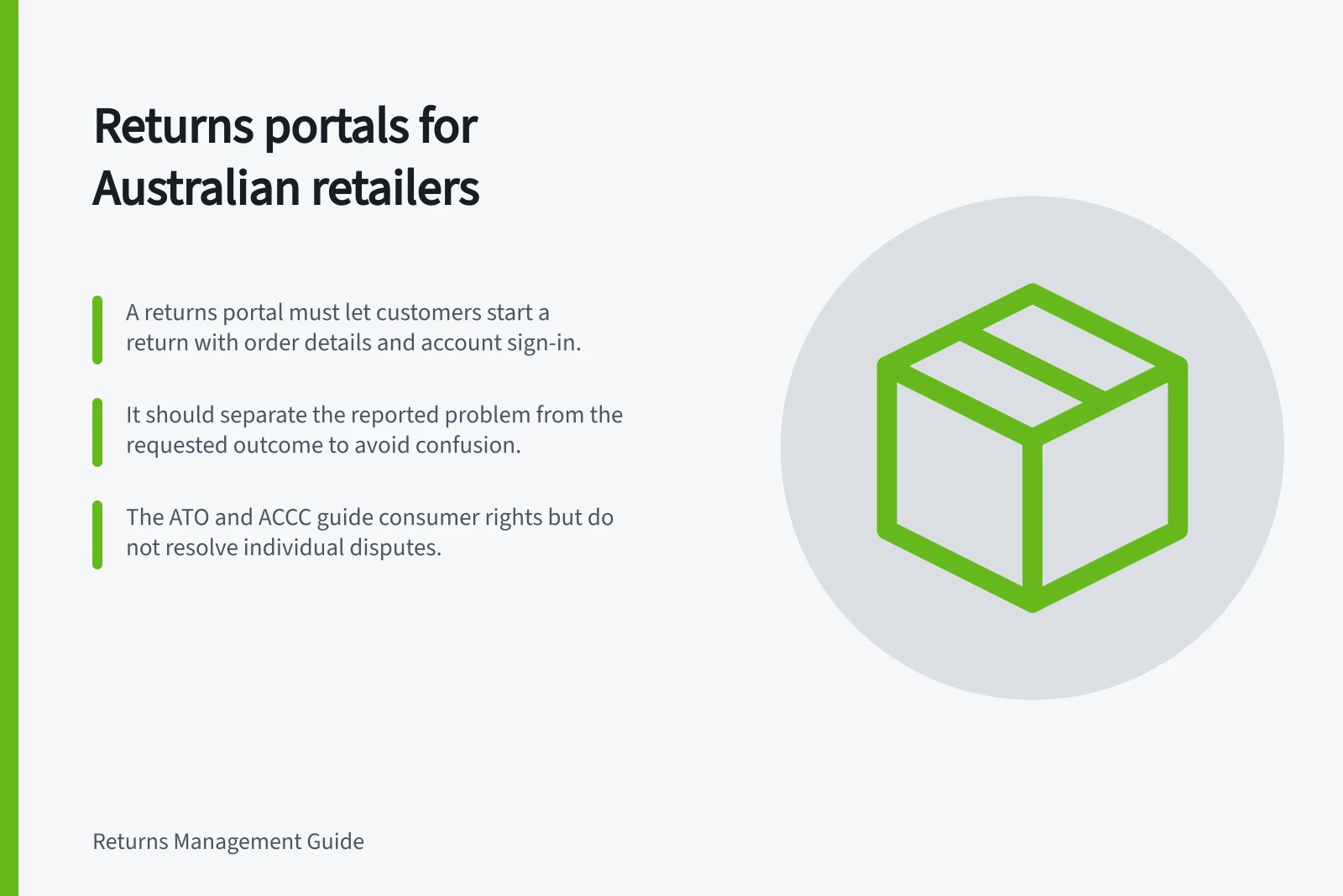 Returns portals for Australian retailers: A returns portal must let customers start a return with order details and account sign-in.; It should separate the reported problem from the requested outcome to avoid confusion.; The ATO and ACCC guide consumer rights but do not resolve individual disputes.