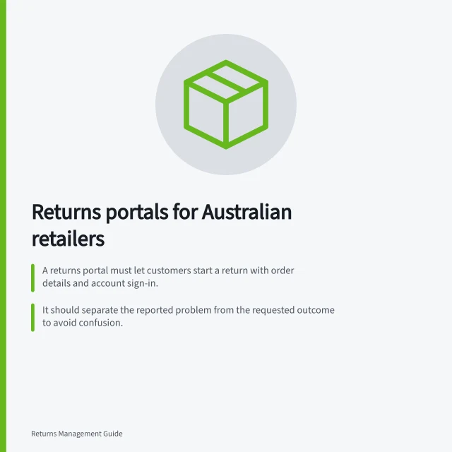 Returns portals for Australian retailers: A returns portal must let customers start a return with order details and account sign-in.; It should separate the reported problem from the requested outcome to avoid confusion.; The ATO and ACCC guide consumer rights but do not resolve individual disputes. Returns portals and self-service tools