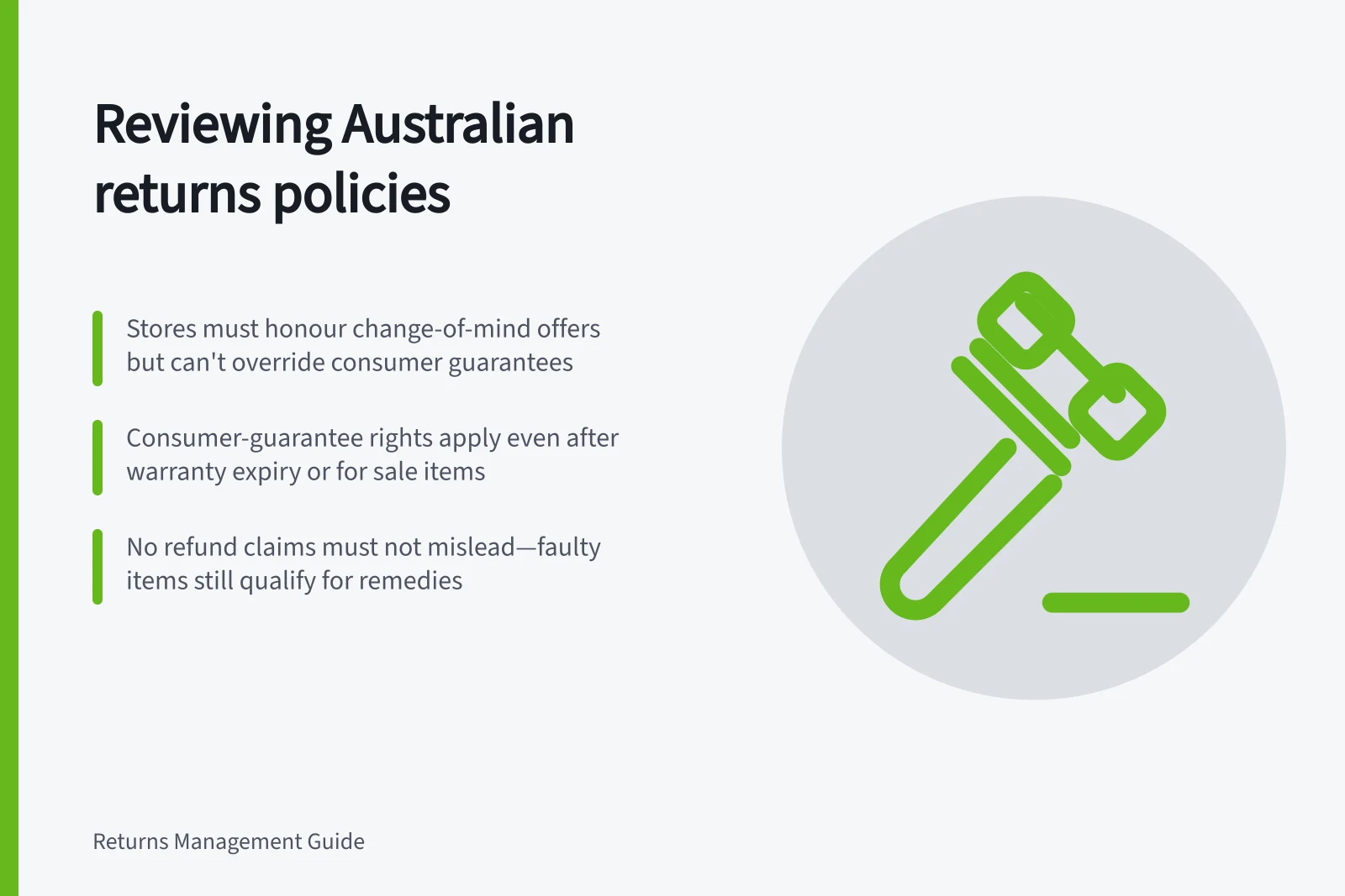 Reviewing Australian returns policies: Stores must honour change-of-mind offers but can't override consumer guarantees; Consumer-guarantee rights apply even after warranty expiry or for sale items; No refund claims must not mislead—faulty items still qualify for remedies