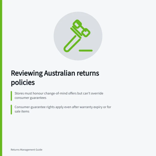 Reviewing Australian returns policies: Stores must honour change-of-mind offers but can't override consumer guarantees; Consumer-guarantee rights apply even after warranty expiry or for sale items; No refund claims must not mislead—faulty items still qualify for remedies. Reviewing a returns policy with current consumer guidance