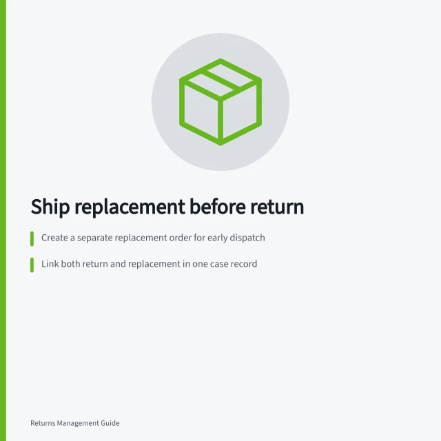Ship replacement before return: Create a separate replacement order for early dispatch; Link both return and replacement in one case record; Agree return deadline and safeguards before sending replacement. Shipping a replacement before the return arrives