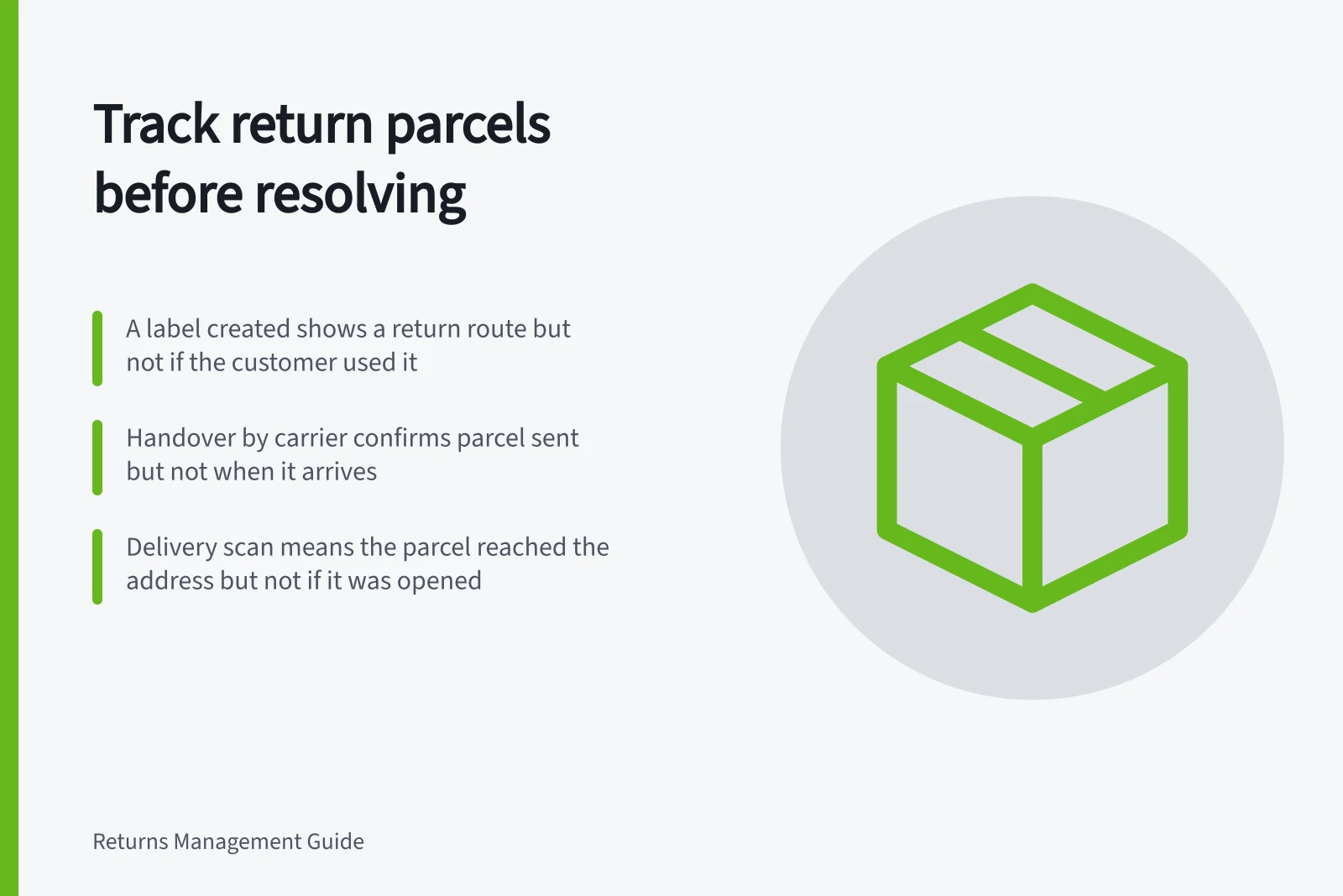 Track return parcels before resolving: A label created shows a return route but not if the customer used it; Handover by carrier confirms parcel sent but not when it arrives; Delivery scan means the parcel reached the address but not if it was opened