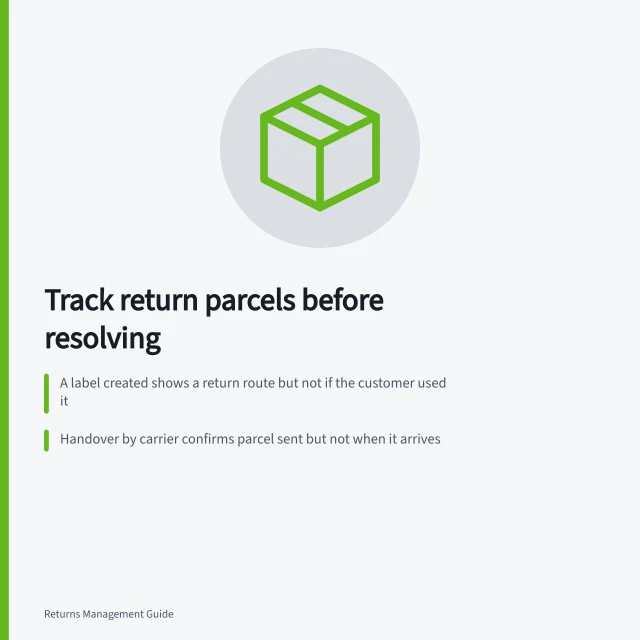 Track return parcels before resolving: A label created shows a return route but not if the customer used it; Handover by carrier confirms parcel sent but not when it arrives; Delivery scan means the parcel reached the address but not if it was opened. Tracking a return parcel before issuing a resolution