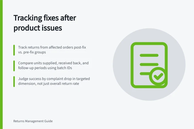 Tracking fixes after product issues: Track returns from affected orders post-fix vs. pre-fix groups; Compare units supplied, received back, and follow-up periods using batch IDs; Judge success by complaint drop in targeted dimension, not just overall return rate. Tracking changes after a product issue is fixed
