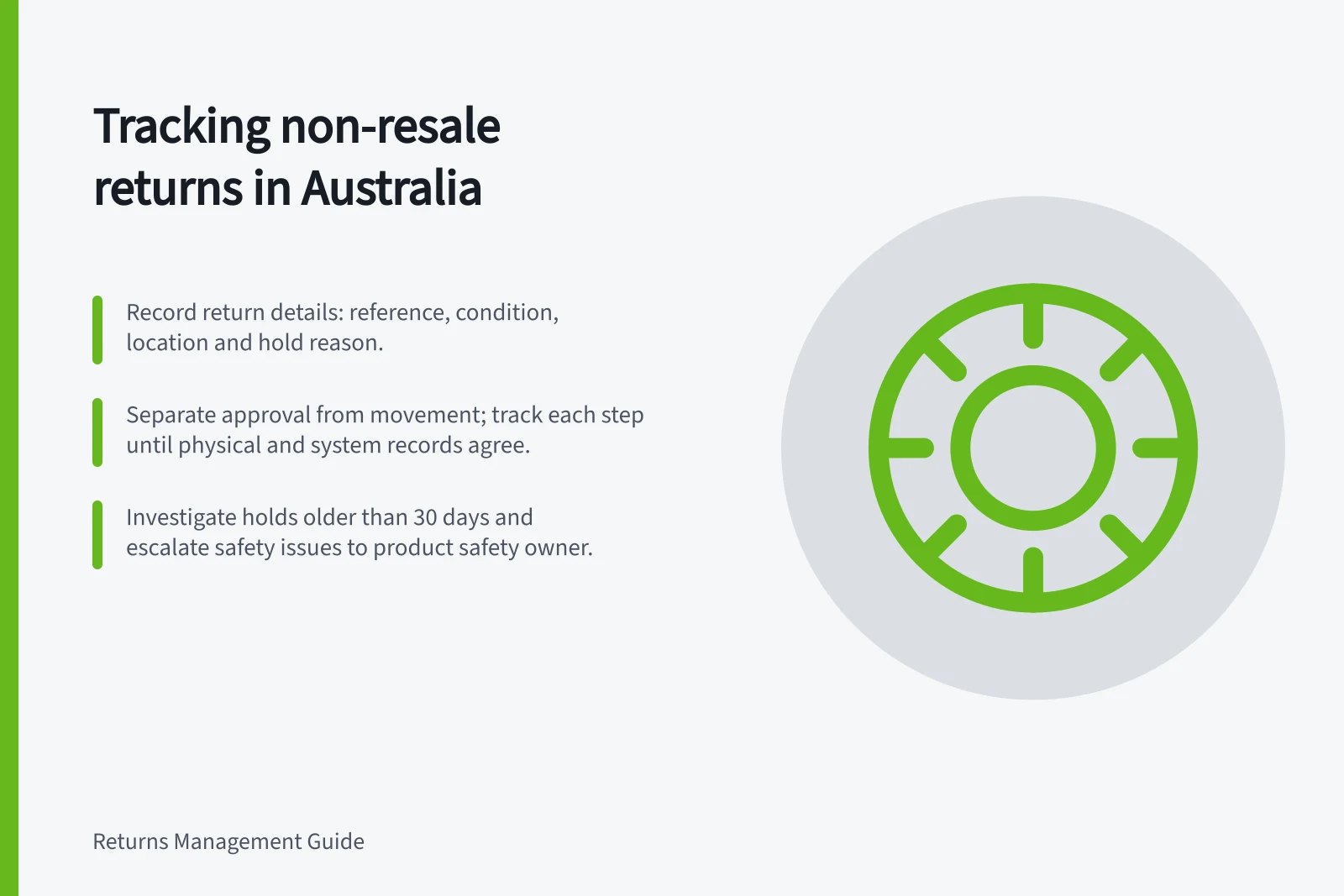 Tracking non-resale returns in Australia: Record return details: reference, condition, location and hold reason.; Separate approval from movement; track each step until physical and system records agree.; Investigate holds older than 30 days and escalate safety issues to product safety owner.