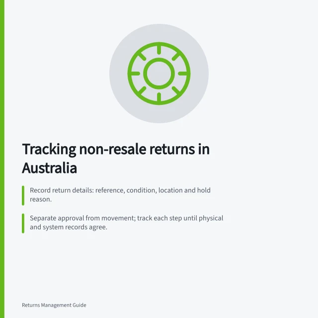 Tracking non-resale returns in Australia: Record return details: reference, condition, location and hold reason.; Separate approval from movement; track each step until physical and system records agree.; Investigate holds older than 30 days and escalate safety issues to product safety owner. Tracking return inventory that cannot be resold